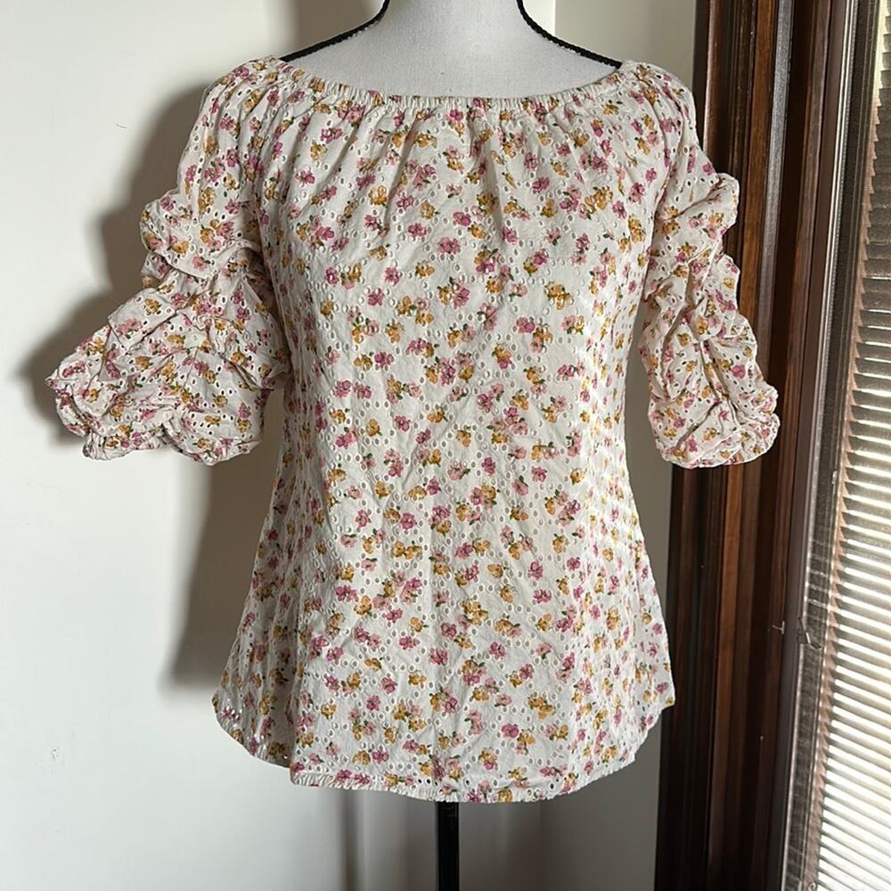CeCe | Floral Puff/Ruched Sleeve Blouse Size S